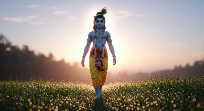 Lord krishna walking through a sunlit field at sunrise
