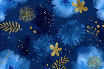 Watercolor blue flowers & gold foliage with sparkles on dark navy background
