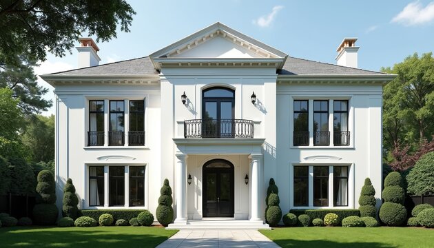 Luxury white house with classic facade and black windows. Neoclassical residential building has manicured garden, green lawn. Suburban family home exterior for real estate property. Mansion view.