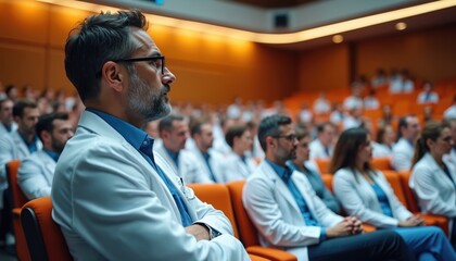 Medical professionals attend a health care conference lecture in a large auditorium. Doctors and nurses listen attentively to a presentation in a modern learning environment.