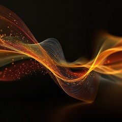 Abstract glowing orange and yellow wavy lines with particles on a dark background, representing energy flow and digital technology