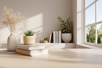Sunny interior with books, plants, and light