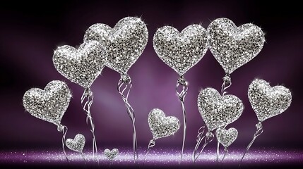 Delicate heart balloons illuminated by soft glow and glitter sparkles on purple tone surface