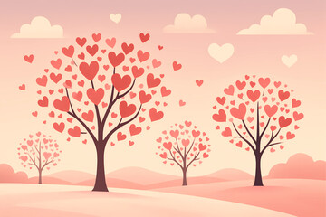 Romantic heart-shaped tree landscape under soft pink sky for Valentine and love themes