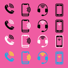Collection of phone handset smartphone and headset icons on pink telephone mobile phone