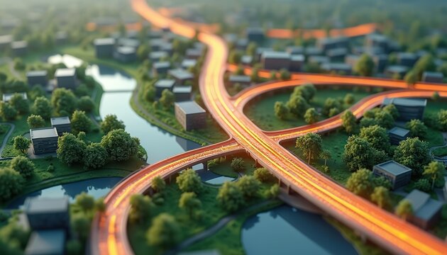 Futuristic 3D city map shows data flow on glowing roads. Smart urban planning model visualizes transport network, town infrastructure. Miniature layout with trees, river illustrates communication,