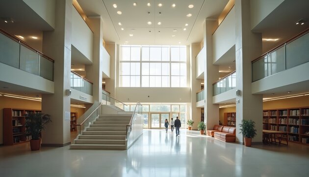 Spacious school lobby hall with modern interior design. Entrance scene features large windows natural light. People walk in the modern building. Library with bookshelves. Architecture design.
