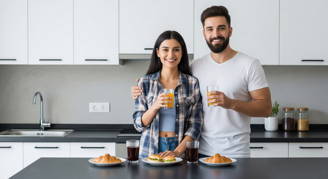 A young couple stands together in a modern kitchen, sharing a healthy breakfast of croissants, burgers, and orange juice