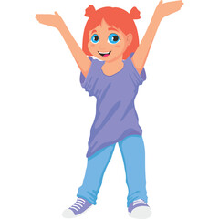 Pixel Art of a Joyful Young Girl with Red Pigtails Wearing a Lavender T-shirt and Blue Jeans with Arms Raised in a Playful Pose Isolated on Transparent Background