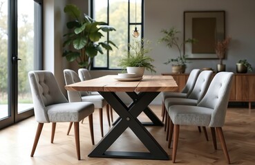 Fototapeta premium Modern dining room with light grey tufted chairs and a rustic wood table. Large windows let in natural light, highlighting the stylish home decor. Interior design features plants and wood furniture.
