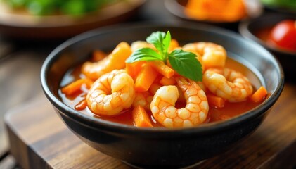 Sweet and Sour Shrimp Bowl Close up, slightly overhead view of a steaming ceramic bowl filled with sweet and sour shrimp, vibrant green broccoli florets, and orange carrot slices coated in a rich,