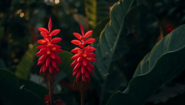 Crimson Blooms in the Verdant Twilight, A Study in Botanical Contrasts and Textural Depth.