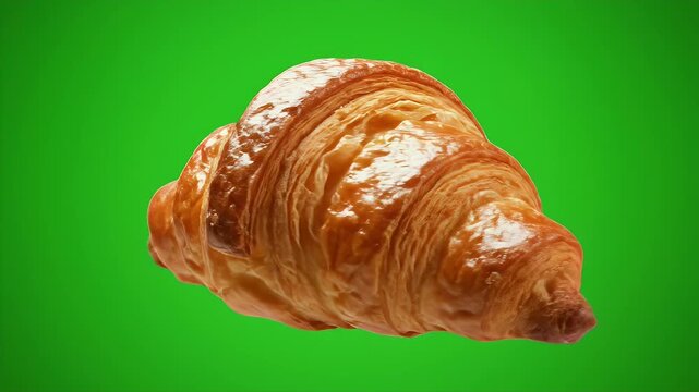 Golden croissants spinning on bright green background.