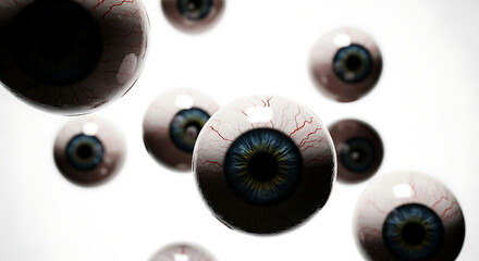 A collection of realistic eyeballs floating in a white space with visible blood vessels and irises ai generated