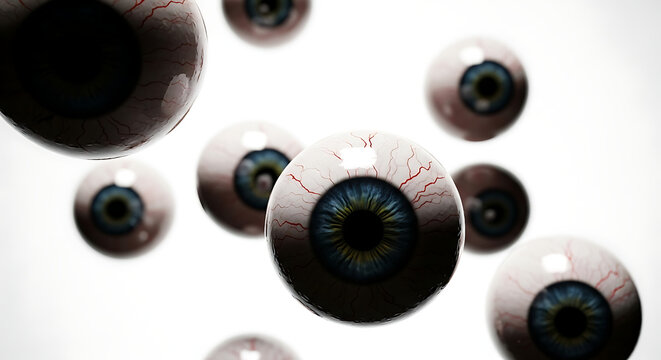 A collection of realistic eyeballs floating in a white space with visible blood vessels and irises ai generated