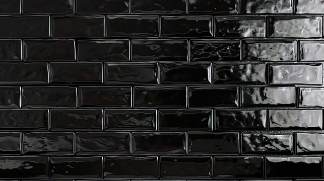 A high-gloss black subway tile brick wall background. This classic, reflective texture is perfect for modern kitchen, bathroom, or restaurant interior designs.