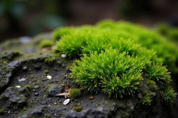 Macro view of moss growing on ancient stone, emphasizing organic textures and muted, earthy color palettes. Macro photograph of vibrant green moss growing on rough, ancient stone, highlighting organic