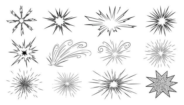Collection of handdrawn starbursts and abstract explosive elements in black ink