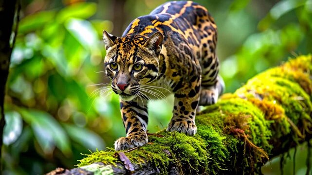 Clouded Leopard Strolling on Mossy Branch in Lush Forest Environment.