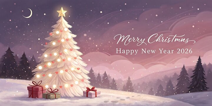A beautifully illuminated christmas tree stands tall in a snowy landscape under a starry night sky with a crescent moon and falling snowflakes - Powered by Adobe