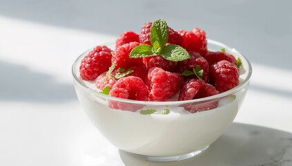 Crimson Delight. A Bowl of Red Berries and Green Accents in Gentle Sunlight.