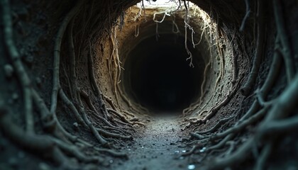 View inside dark tunnel with roots. Light shines at opening. Cavern looks surreal with eerie feel. Earth is dirtied and rustic. Texture is gritty. Nature is organic in environment.