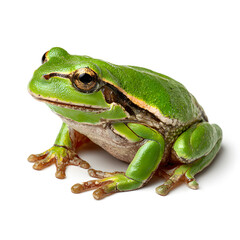 Obraz premium Vivid Frog Portrait: A captivating close-up of a vibrant green frog resting calmly, its glossy skin and expressive eyes conveying a sense of serenity.