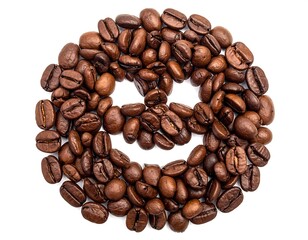 Roasted coffee beans arranged in the shape of a smiling face