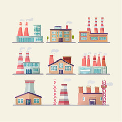 Obraz premium A colorful flat lay illustration of various industrial buildings and factories with smokestacks and chimneys emitting smoke against a clean white background, showcasing different