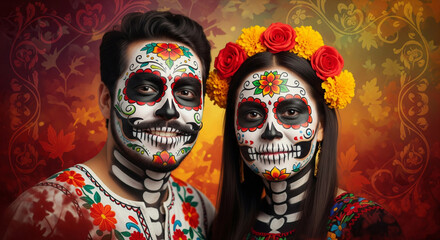 A couple poses, adorned with vibrant sugar skull makeup and floral attire.