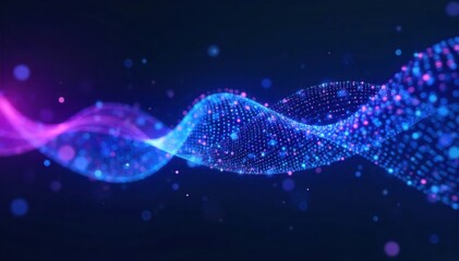 Abstract representation of data flow and information streams. Abstract visualization of data flow, represented by interconnected, glowing lines and particles forming a dynamic wave of blue and purple