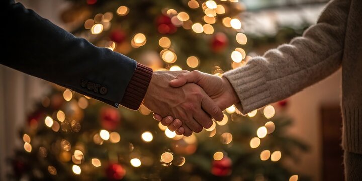 Two people shake hands in front of a brightly lit christmas tree symbolizing connection and holiday spirit during the festive season