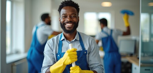 Smiling African cleaner with mop and yellow gloves works in office. Two colleagues clean in background. Pro team does maintenance for clean workplace. Diverse staff provides janitorial service.