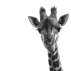 Obraz premium Giraffe Portrait: A striking black and white portrait of a giraffe, with a curious gaze, revealing its unique patterned coat and majestic presence.