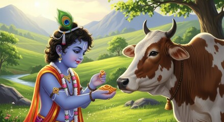 Fototapeta premium Lord krishna feeding a cow in a lush green meadow with mountains