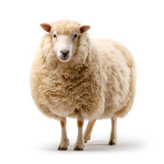 Fototapeta premium Woolly Sheep in the Field: A single, fluffy sheep, stands proud, showcasing its thick wool in a well-lit field, symbolizing a calm, serene farm atmosphere.