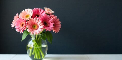 Gerbera Daisy Still Life Arrangement A sophisticated still life composition featuring a cluster of gerbera daisies in a variety of vibrant colors. Arranged artfully in a sleek, minimalist clear glass