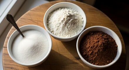 Three bowls of baking ingredients: sugar, flour, and cocoa powder, arranged on a wooden surface.