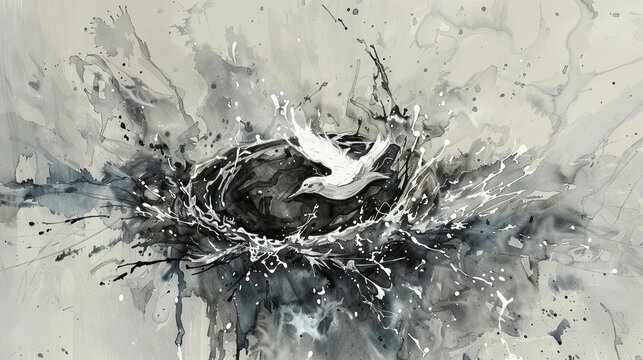 A dramatic abstract texture of cool charcoal gray and light dove white, resembling ink washing through water or a smoky explosion. A high-contrast, monochrome artistic background. - Powered by Adobe