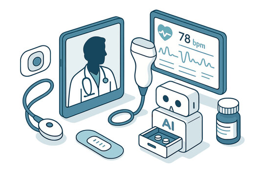 Digital healthcare technology setup featuring telemedicine, diagnostics, ultrasound, and wearable sensors