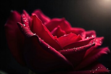Elegant Golden Hour Light Through Dewy Rose Petals Extreme close up macro photography of deep red rose petals, heavily laden with tiny, sparkling dew drops. The scene is illuminated by the warm,