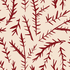 Hand drawn winter branches seamless pattern in warm festive colors for holiday decor gift wrap textiles papers backgrounds and branding