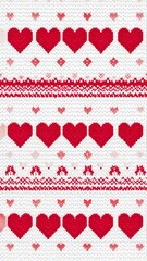 A pattern of pixelated red hearts and stylized floral designs against a white background, suggesting a knit or woven texture
