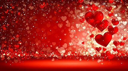 Romantic glowing hearts floating gently under warm soft light gradient in red tone