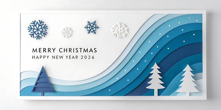 Elegant layered paper cut art depicting a snowy winter landscape with festive merry christmas and happy new year greetings