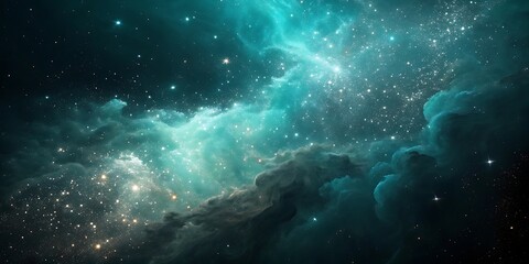 Fototapeta premium Vibrant teal and turquoise nebula swirls with distant stars and cosmic dust in deep space