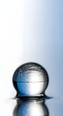 A close-up of a reflective glass marble resting on a smooth surface with a soft blue gradient background, capturing the intricate reflections and light effects within the sphere