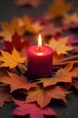 Autumn Ember Candle Rich autumnal colors, fallen leaves, and warm spices. A close up, warm toned image of a dark red candle casting a gentle glow. The candle is positioned on a bed of scattered,