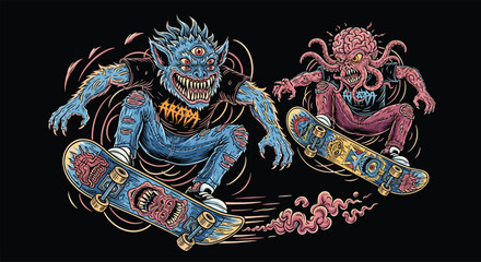 Obraz premium Brain Monster and Blue Beast Skate Duo