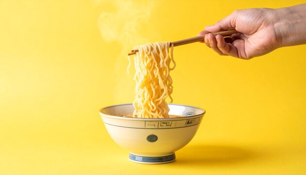 A persons hand using chopsticks to lift hot steaming ramen noodles from a ceramic bowl against a vibrant yellow background.